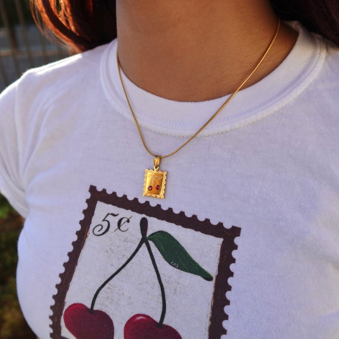 Cherry Stamp Double-Sided Crystal Necklace
